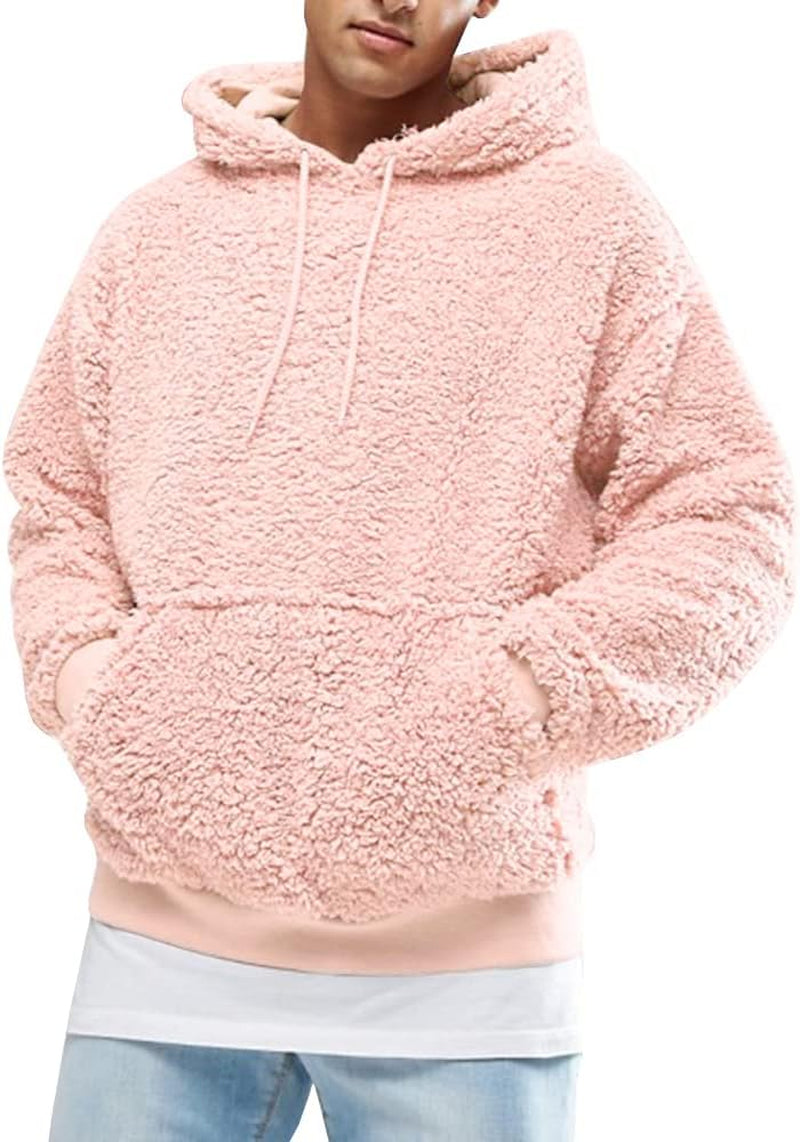 Mens Fuzzy Sherpa Pullover Hoodie Sweatshirts Long Sleeve Sport Front Pocket Military Fall Outwear Winter Hooded