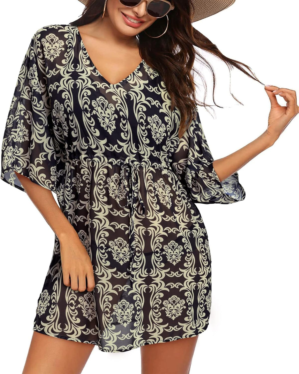 Women Swim Cover up Summer Swimsuit Hawaiian Beach Bikini Swimwear Chiffon Bathing Suit Tunic Dress (Floral 16, Large)