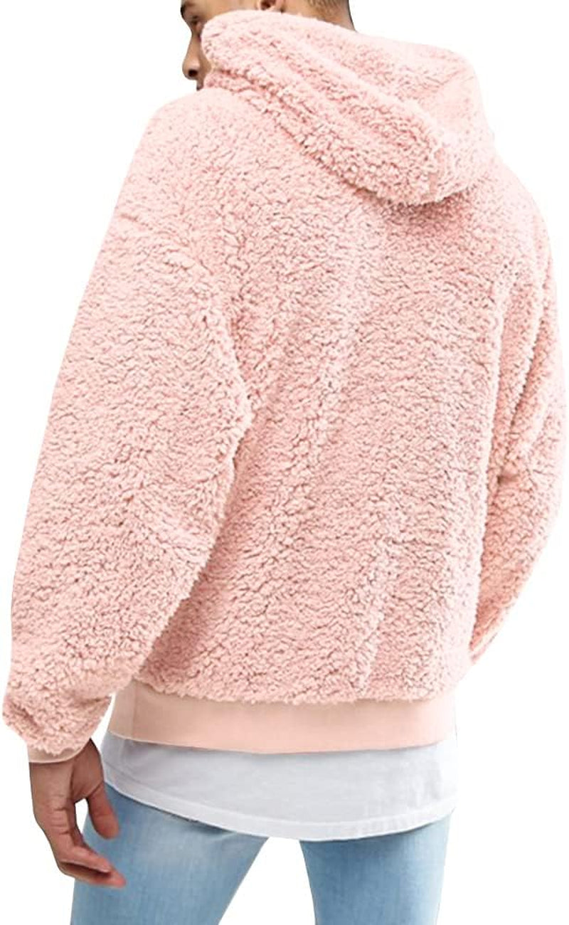 Mens Fuzzy Sherpa Pullover Hoodie Sweatshirts Long Sleeve Sport Front Pocket Military Fall Outwear Winter Hooded