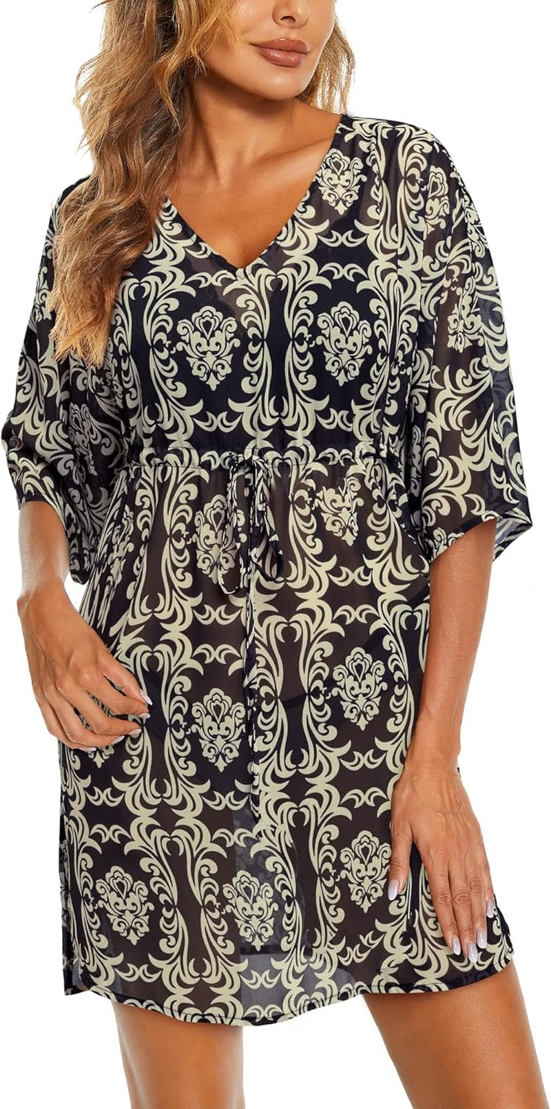 Women Swim Cover up Summer Swimsuit Hawaiian Beach Bikini Swimwear Chiffon Bathing Suit Tunic Dress (Floral 16, Large)